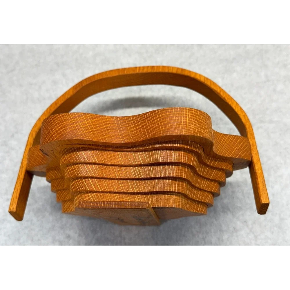 Handmade Collapsible Oak Wood Star Basket Folding Fruit Bowl Trivet Signed 2000